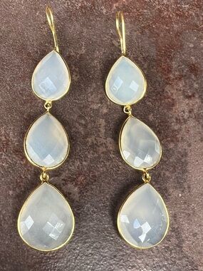 Gold Plated 3 1/2 “ Teardrop Triple Dangle Earrings - White Chalcedony
